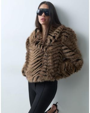 AFRM Biba Vintage Zig Zag Crop Faux Fur Funnel Neck Jacket - Brown
