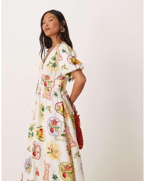 Nobody's Child Petite – starlight – midikleid mit postkarten-obstprint und puffärmeln - Pink