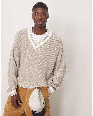 ASOS Oversized Boxy Fit Knit V-neck Jumper With Tipping - Natural