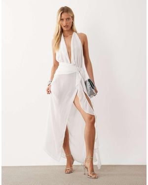 Oh Polly Mesh Plunge Cowl Halter Neck Thigh Split Beach Maxi Dress - Natural