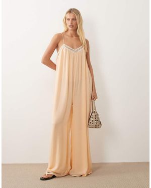 Miss Selfridge Lace Trim Jumpsuit - Natural