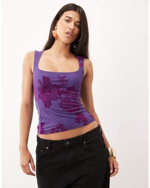 ASOS Zachte Vierkante Dobby Mesh Top Met Flockprint - Paars