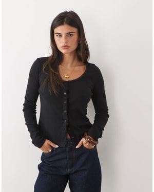 Nobody's Child Erin Pointelle Round Neck Lace Detail Cardigan - Black