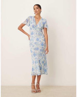 Mango V-neck Tie Detail Short Sleeve Midaxi Dress With Floral Print - Natural