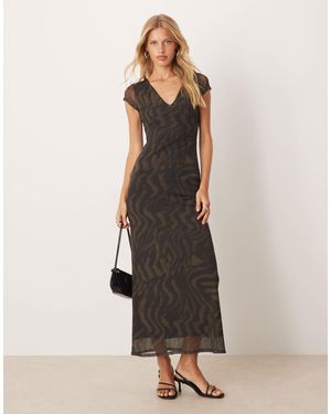 ASOS Mesh Collared Puff Sleeve Midi Tea Dress - Natural