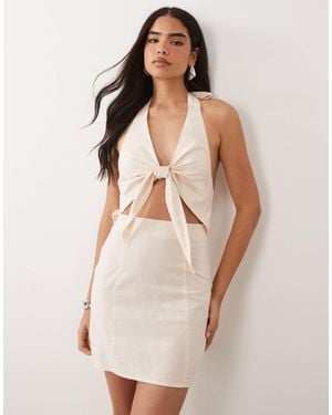 Kaiia Exclusive Linen Blend Tie Front Cut-out Detail Mini Dress - Natural