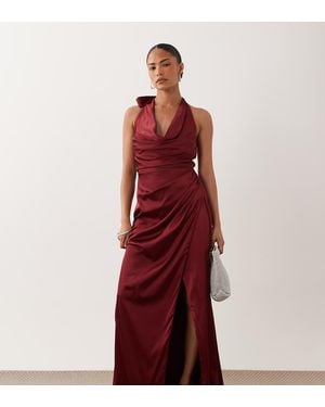TFNC London Tfnc Bridesmaid Petite Satin Halter Neck Cowl Plunge Split Detail Maxi Dress - Red