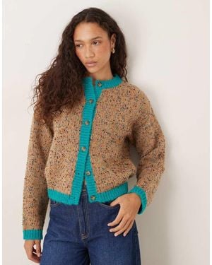 Vrg Grl Contrast Trim Speckled Knit Cardigan - Blue