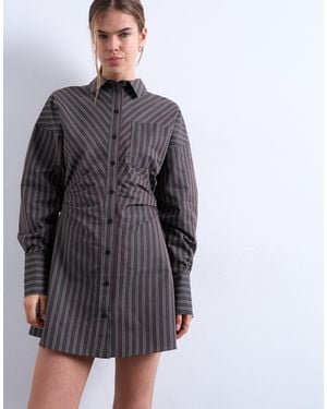 TOPSHOP Gathe Waist Long Sleeve Shirt Dress - Gray