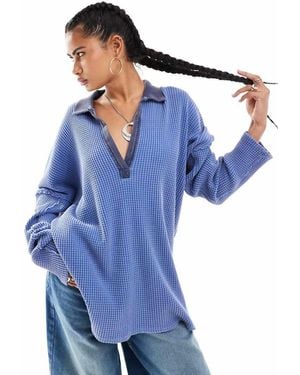 Free People Travis Waffle Oversized Polo Shirt - Blue