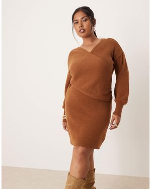 Vila Curve Knitted Mini Wrap Dress - Brown