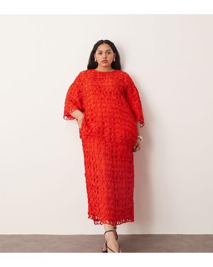 ARRANGE Curve Floral Cutwork Column Midi Skirt - Red