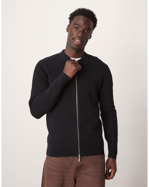SELECTED Zip Thru Knitted Long Sleeve Polo Shirt - Black