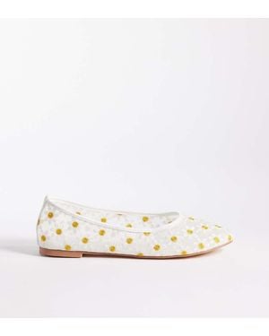 Public Desire Dainty Mesh Ballet Flats With Daisy Embroidered - Natural