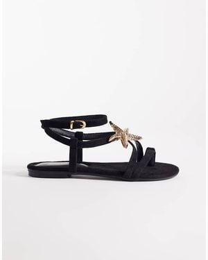 South Beach Sandalias Negras Planas De Antelina Con Diseño De Tiras Y Detalle De Estrella De Mar De - Azul