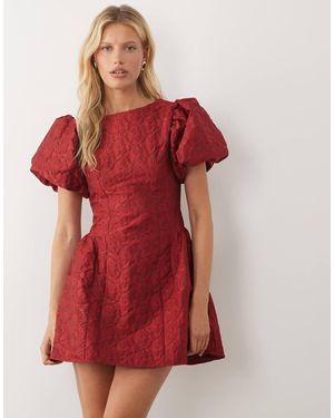 Sister Jane Bilberry Exclusive Jacquard Round Neck Puff Sleeve Mini Dress - Red