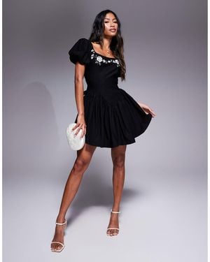 Love Triangle Puff Sleeve Embroidered Mini Dress With Open Back - Blue