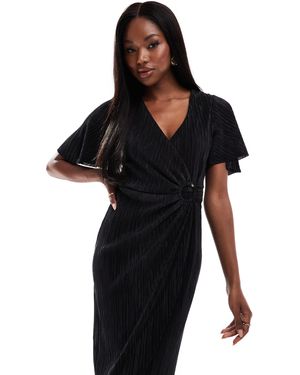 AX Paris Plisse Short Sleeve Wrap Midi Dress With Ring Detail - Black