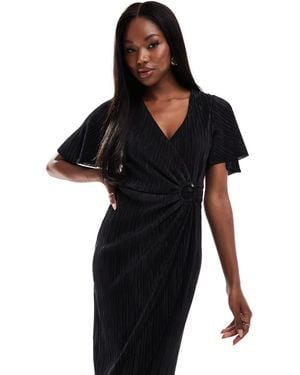 AX Paris Robe portefeuille mi-longue en tissu plissé à manches courtes avec anneau - Noir