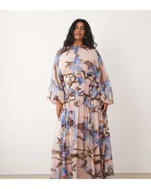 ASOS Asos Design Curve Long Sleeve Blouson Maxi Dress With Gauged Ruched Waist Detail - Multicolour