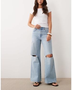 Abercrombie & Fitch High Rise Wide Jeans With Knee Rips - Blue