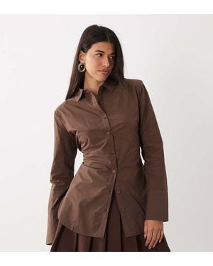 Kaiia Exclusive Shoulder Pad Bow Tie Back Detail Striped Shirt - Brown