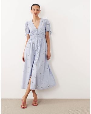Nobody's Child Ezra Linen Blend V-Neck Puff Sleeve Button Down Midi Dress - Gray