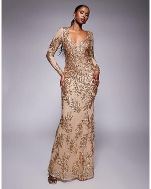 Goddiva Long Sleeve Sequin Leaf Long Sleeve Maxi Dress - Metallic
