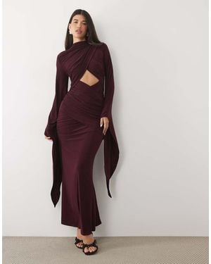 ASOS Abito Lungo Con Maniche Esagerate E Collo Incrociato Color Prugna - Viola