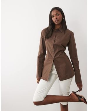 Kaiia Exclusive Shoulder Pad Bow Tie Back Detail Striped Shirt - Brown