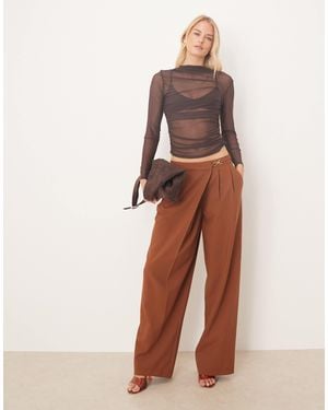 ASOS Tall Tailored Asymmetric Wrap Wide Leg Pants With Buckle Detail - Brown
