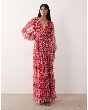 LACE & BEADS Deep V-neck Sheer Bell Sleeve Maxi Dress - Red