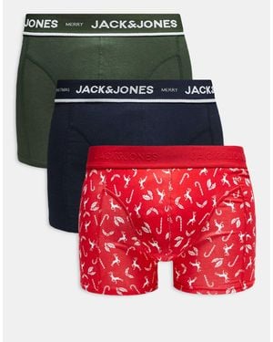 Jack & Jones 3 Pack Trunks With Christmas Prints - Red