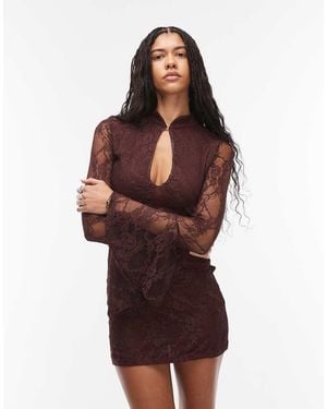 ASOS Lace Mini Flute Sleeve Dress With Mandarin Collar - Red
