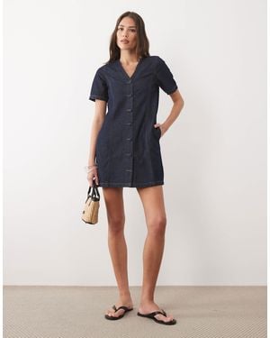 Threadbare Denim Short Sleeve Button Up Mini Dress - Blue