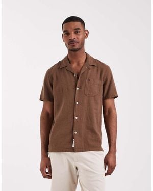 Tommy Hilfiger Linen Blend Camp Collar Short Sleeve Shirt - Brown