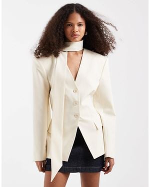 ASOS Cinch Shoulder Pad Blazer With Scarf - Natural