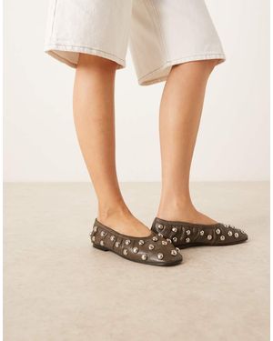 ASOS Bailarinas Verdes Fruncidas Con Tachuelas De Cuero Premium Lyle De - Neutro