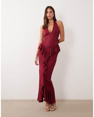 Ruched & Ready Sculpting Halterneck Open Back Ruffle Drape Detail Maxi Dress - Red