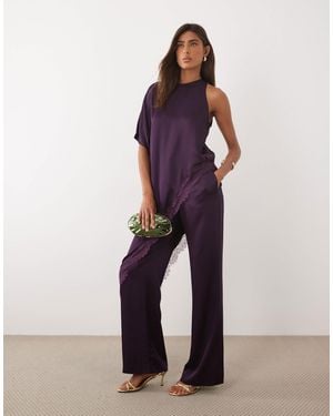 Mango Yazmin Round Neck Half Sleeve Asymmetric Lace Detailed Satin Top - Purple