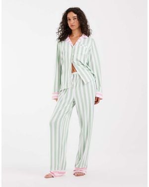 Loungeable Conjunto De Pijama Con Camisa De Cuello Abierto Y Pantalón A Rayas Rosa Y - Blanco