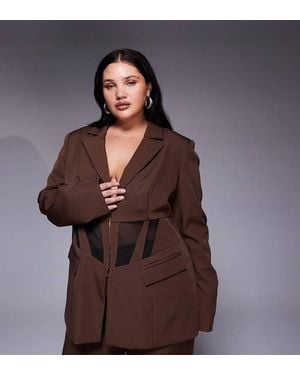 ASOS Curve Co-Ord Cinched Waist Blazer With Contrast Panelling - Brown