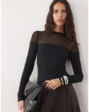 ASOS Cotton Mesh Mix Long Sleeve Top With Bardot Detail - Black