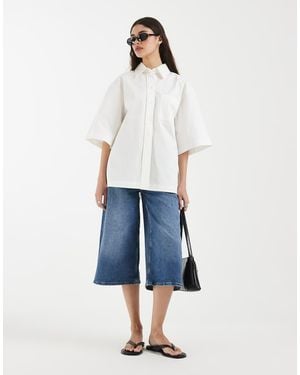 & Other Stories Pure Cotton Short Sleeve Oversized Resort Shirt With Front Pockets - Blue