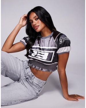 Liquor N Poker Ruched Varsity T-Shirt With Gothic Script Logo - Gray