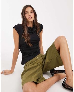 JJXX Ruched Boat Neck Top With Asymmetric Hem - Green
