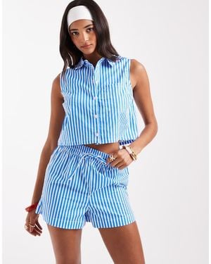 New Look Co-ord Stripe Cropped Sleeveless Shirt - Blue