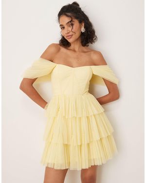 LACE & BEADS Robe corset courte en tulle à épaules dénudées - bouton d'or - Jaune