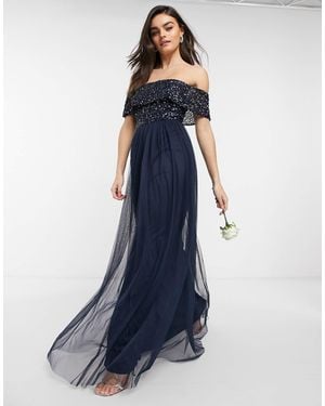 Maya Bridesmaid Bardot Maxi Tulle Dress With Tonal Delicate Sequins - Blue
