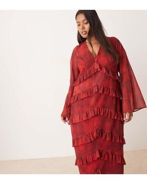 Pretty Lavish Curve Vestido Largo Rojo De Manga Larga Con Volantes Y Estampado Abstracto De